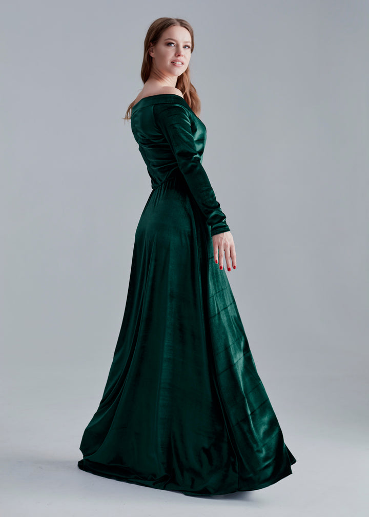 Velvet A-Line Bridesmaid Gown with Pleated Bodice and Open Back - Balvory
