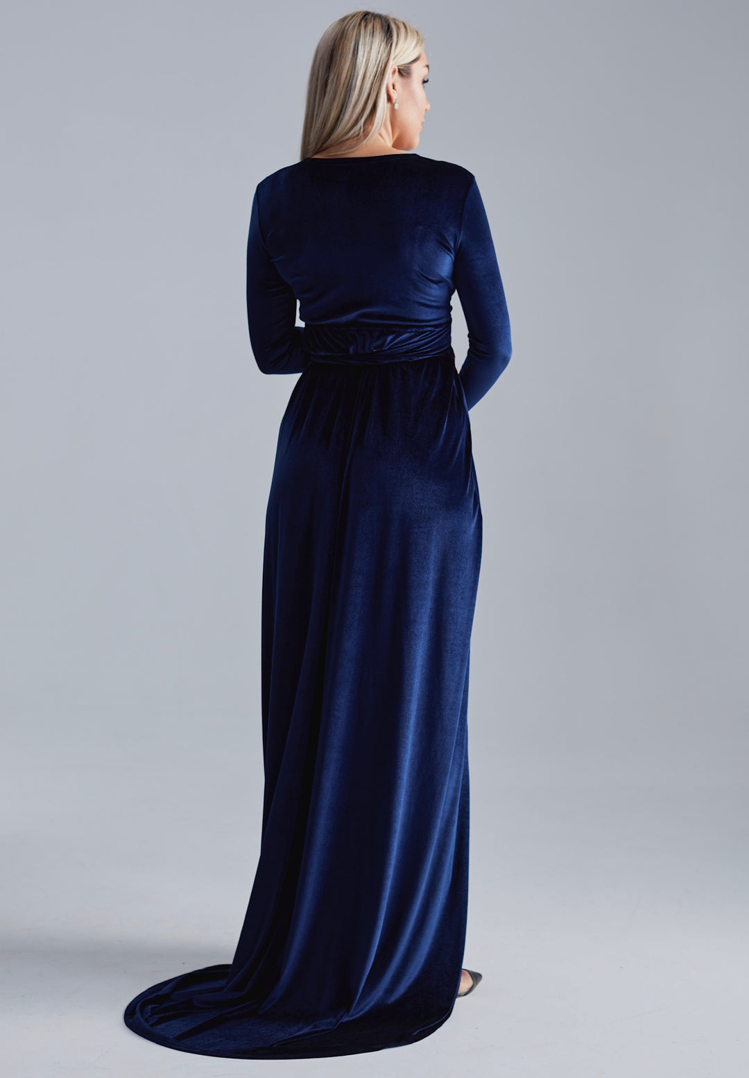 Elegant Velvet Maternity Gown with Train – Maxi Wrap Style - Balvory