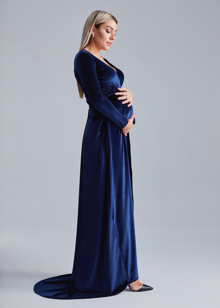 Elegant Velvet Maternity Gown with Train – Maxi Wrap Style - Balvory