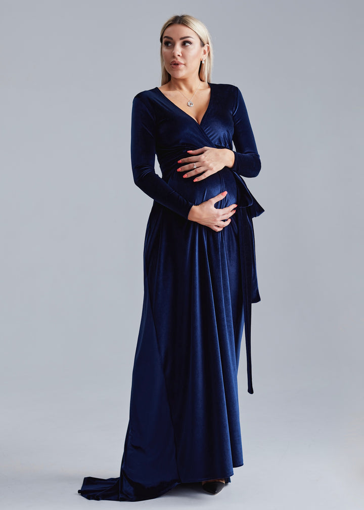 Elegant Velvet Maternity Gown with Train – Maxi Wrap Style - Balvory