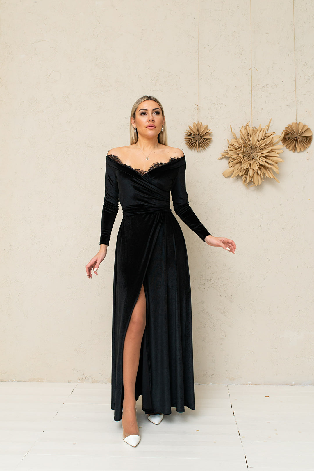Velvet Lace Bridesmaid Gown – Elegant Formal Dress with Lace Back - Balvory