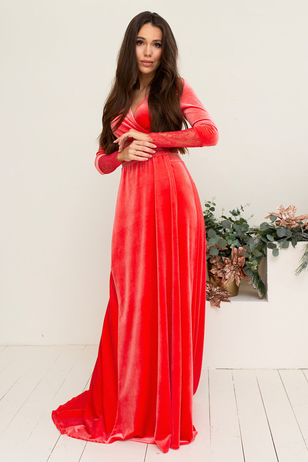 Velvet Elegance Gown with Lace Sleeves - Balvory