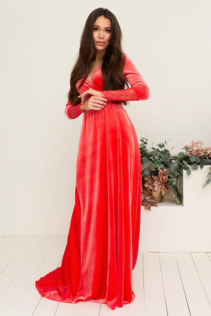 Velvet Elegance Gown with Lace Sleeves - Balvory