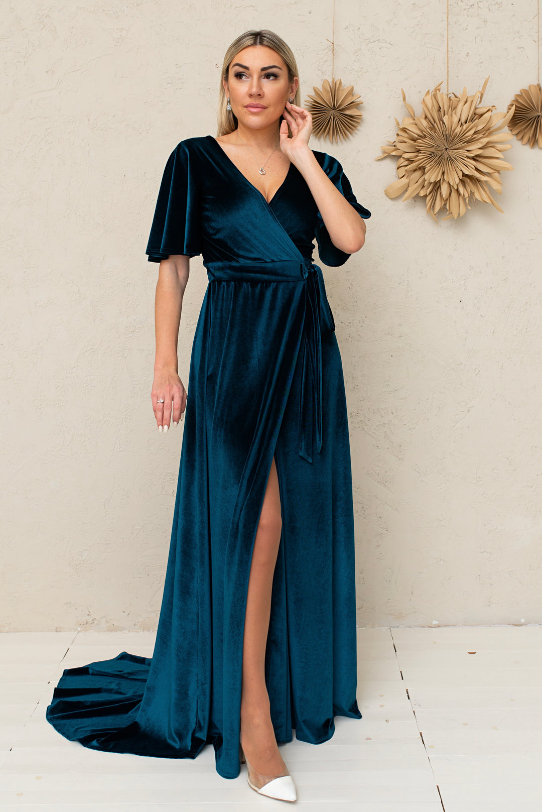 Velvet Maxi Wrap Dress with Deep V-Neck and Sheer Back Detail - Balvory