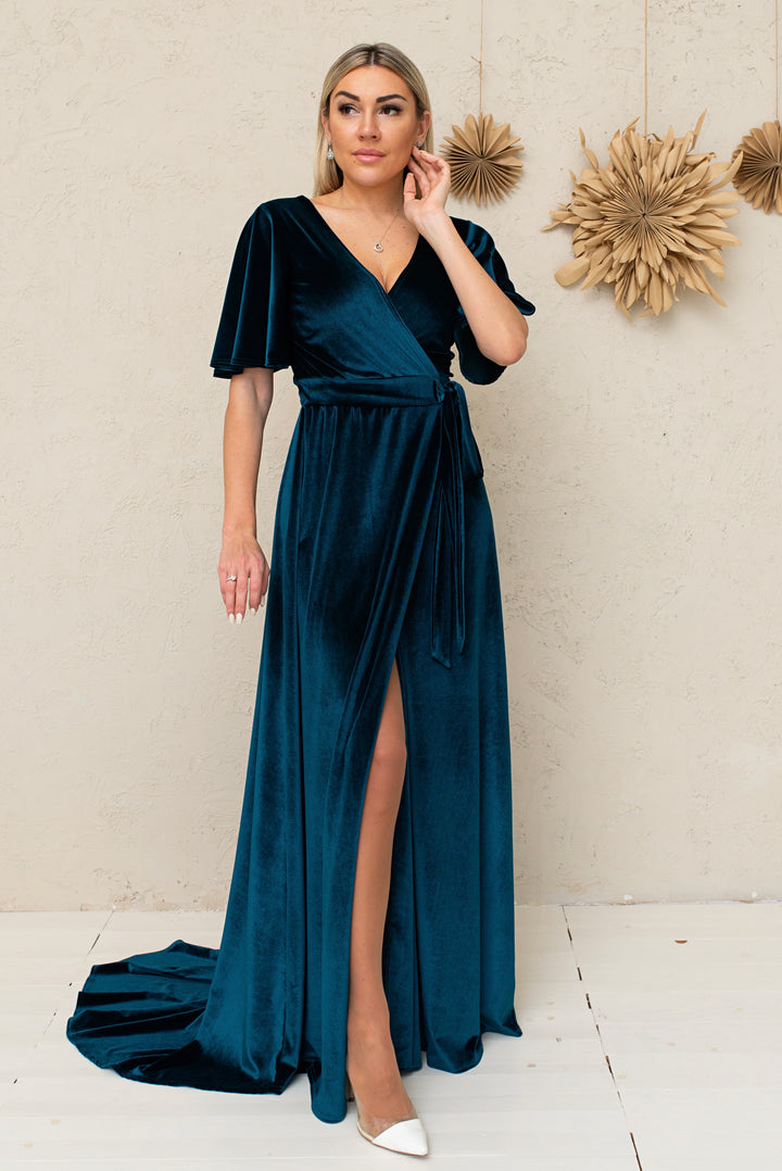 Velvet Maxi Wrap Dress with Deep V-Neck and Sheer Back Detail - Balvory