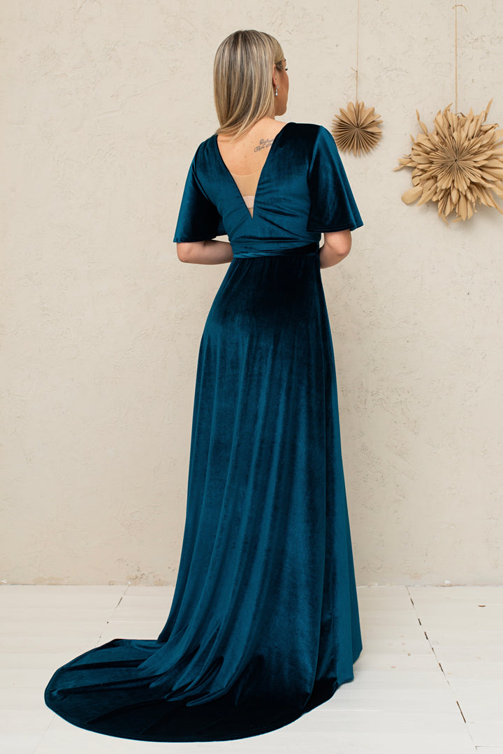 Velvet Maxi Wrap Dress with Deep V-Neck and Sheer Back Detail - Balvory