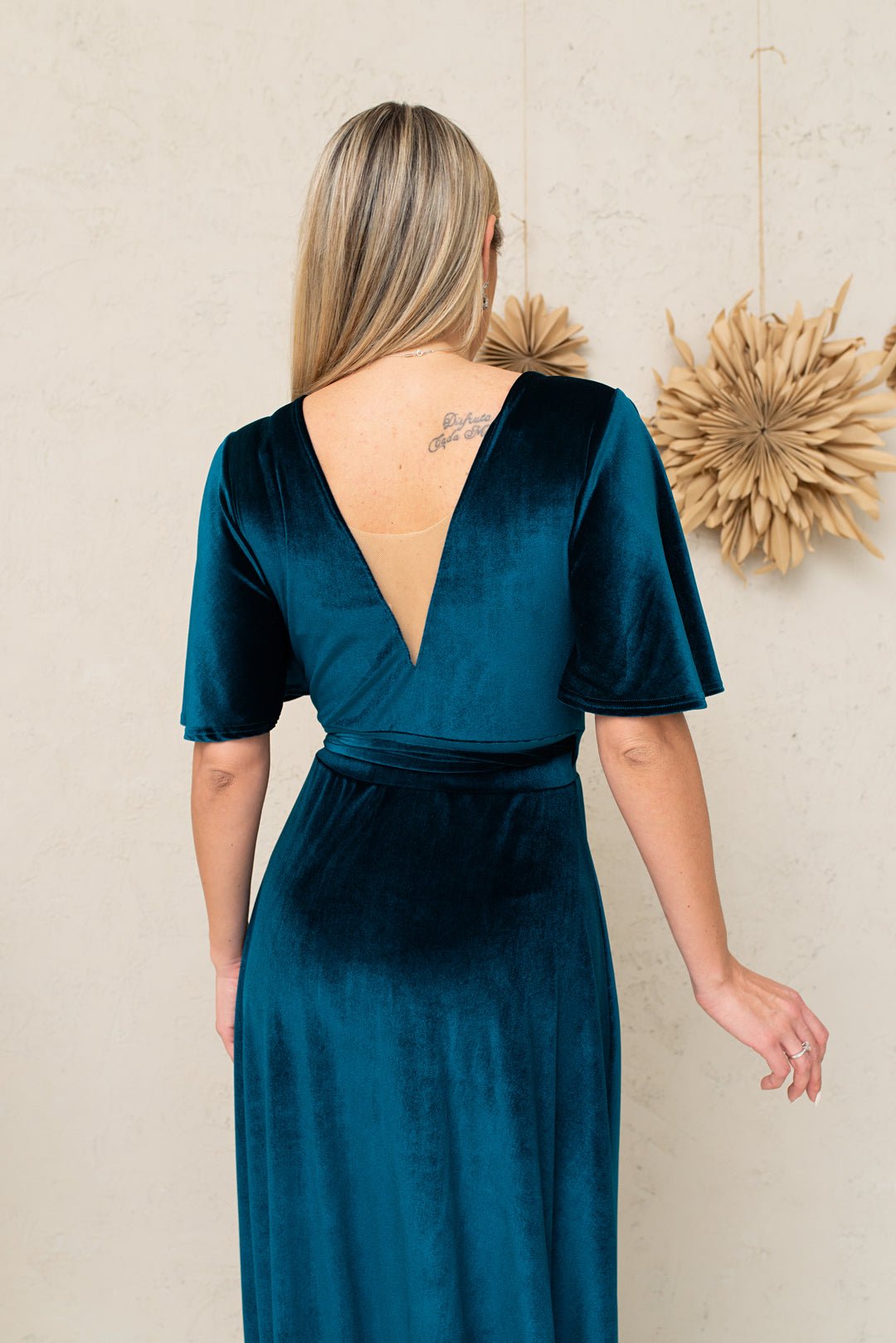 Velvet Maxi Wrap Dress with Deep V-Neck and Sheer Back Detail - Balvory