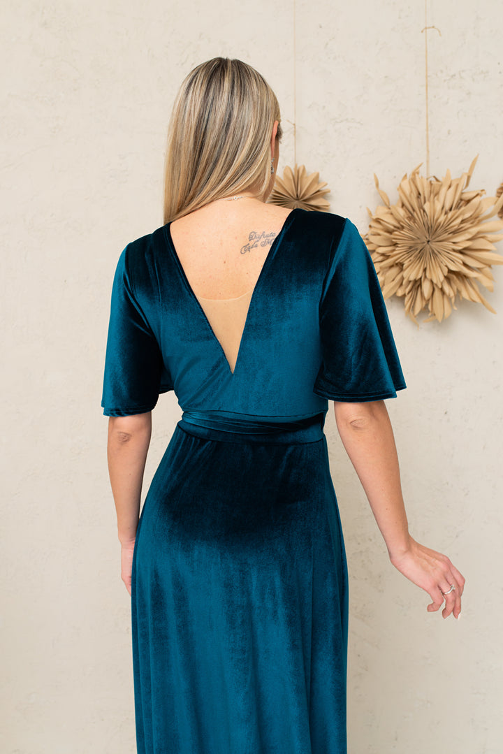 Velvet Maxi Wrap Dress with Deep V-Neck and Sheer Back Detail - Balvory