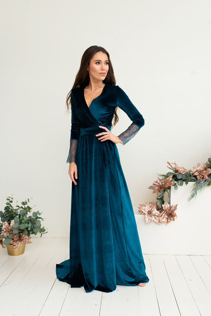 Velvet Elegance Gown with Lace Sleeves - Balvory