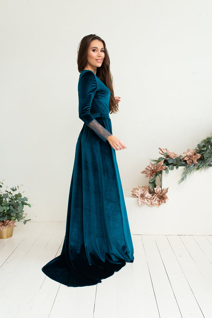 Velvet Elegance Gown with Lace Sleeves - Balvory