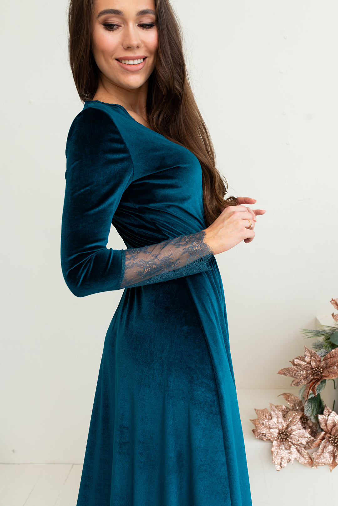 Velvet Elegance Gown with Lace Sleeves - Balvory
