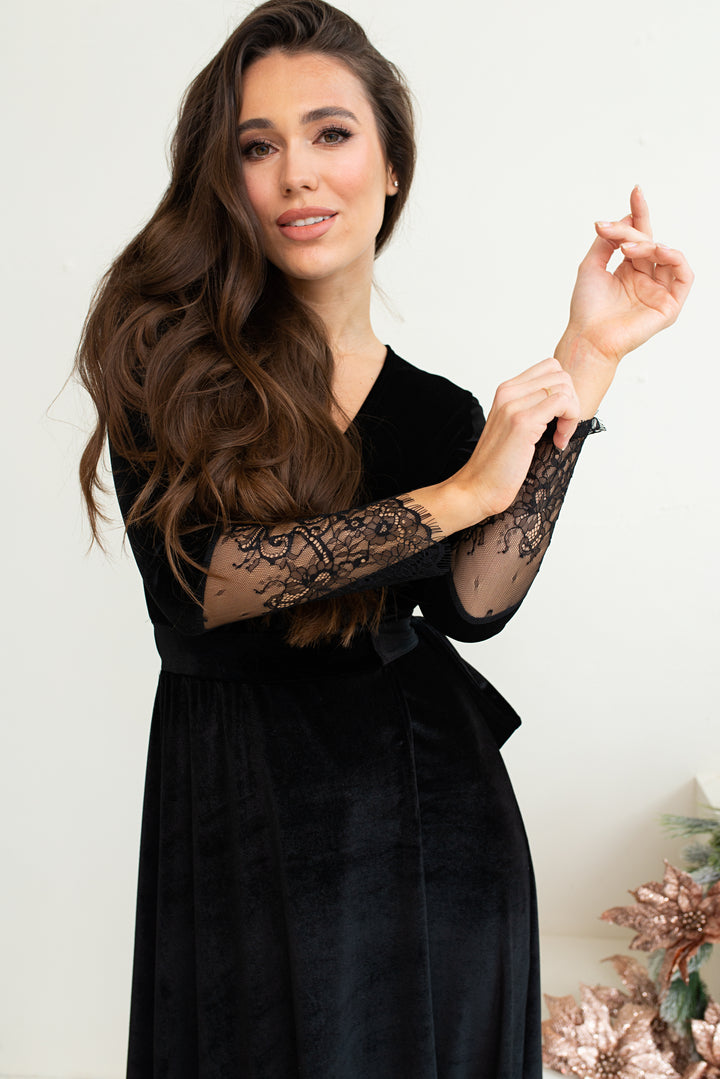 Velvet Elegance Gown with Lace Sleeves - Balvory