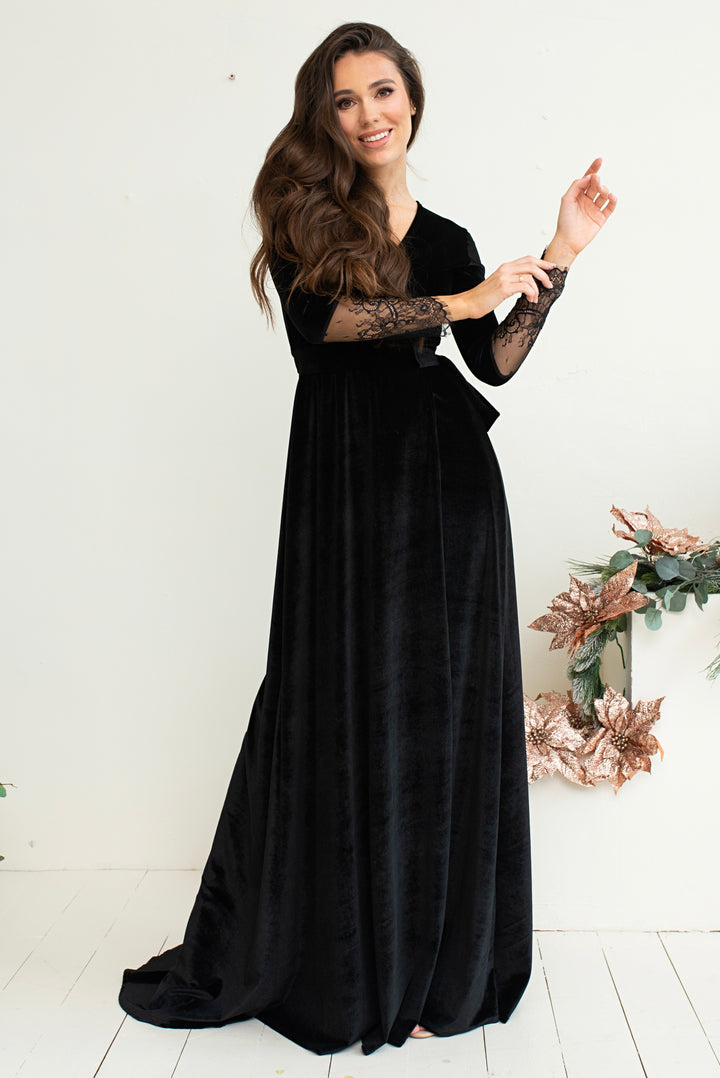 Velvet Elegance Gown with Lace Sleeves - Balvory