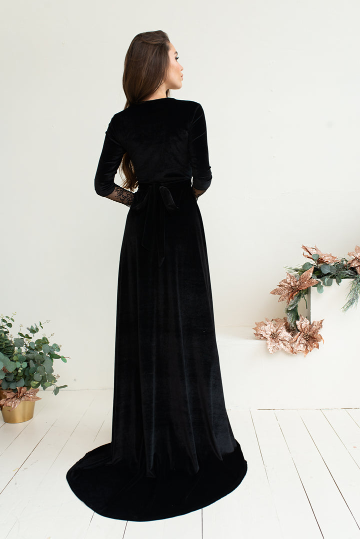 Velvet Elegance Gown with Lace Sleeves - Balvory