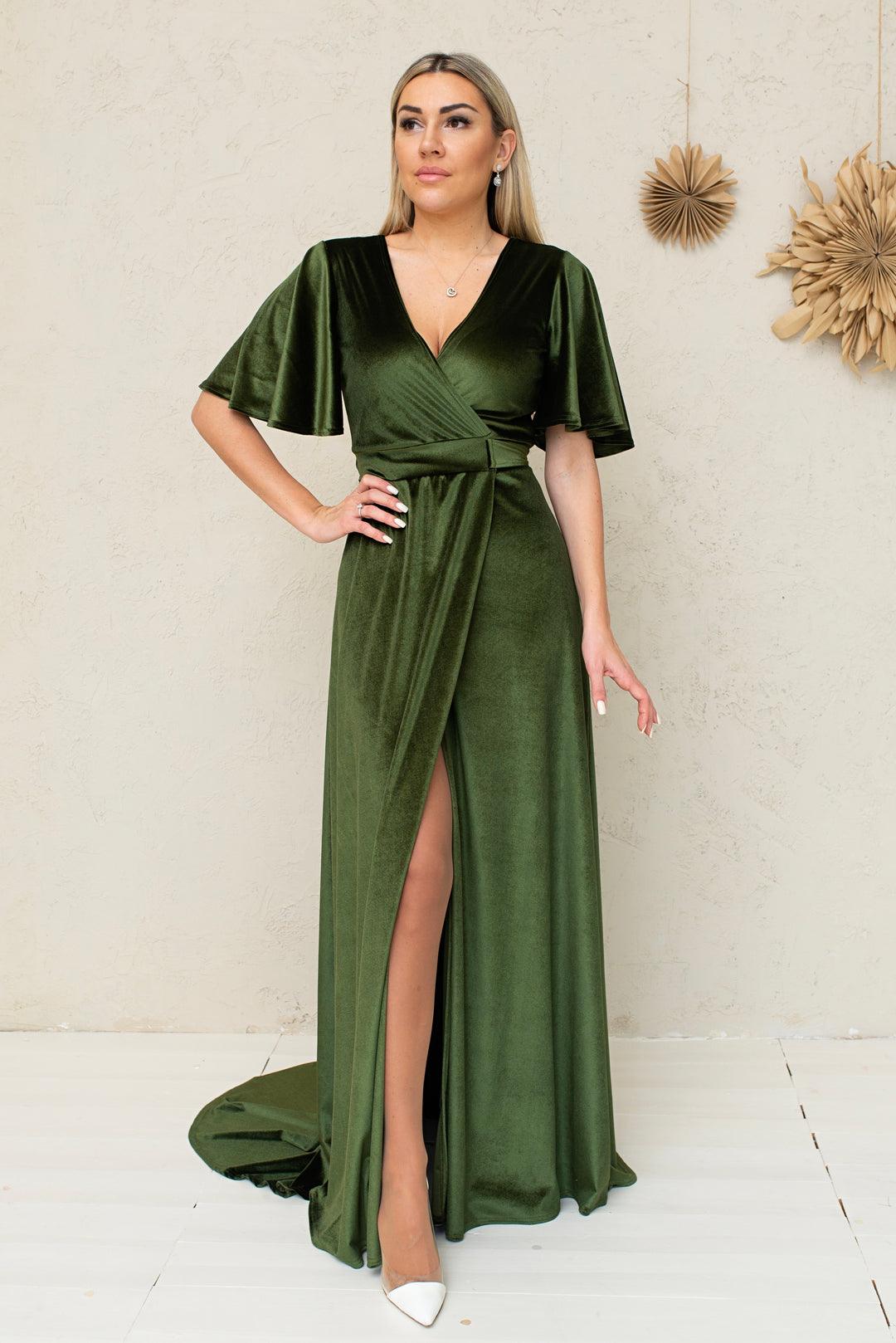 Velvet Maxi Wrap Dress with Deep V-Neck and Sheer Back Detail - Balvory