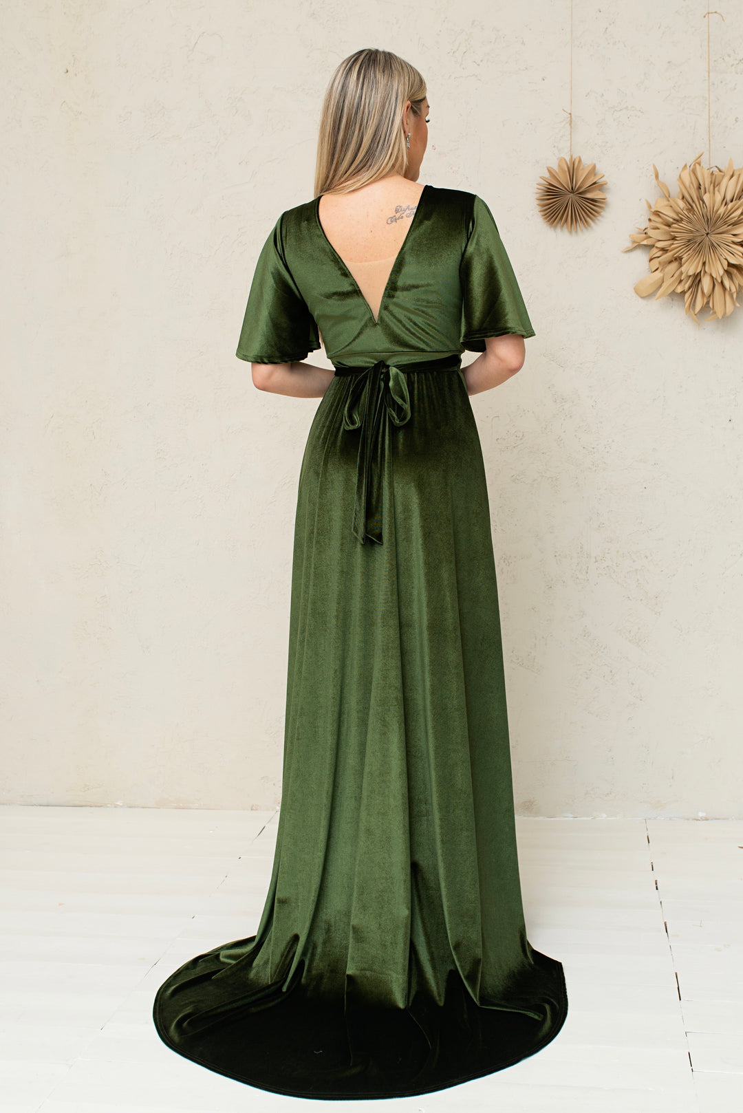 Velvet Maxi Wrap Dress with Deep V-Neck and Sheer Back Detail - Balvory