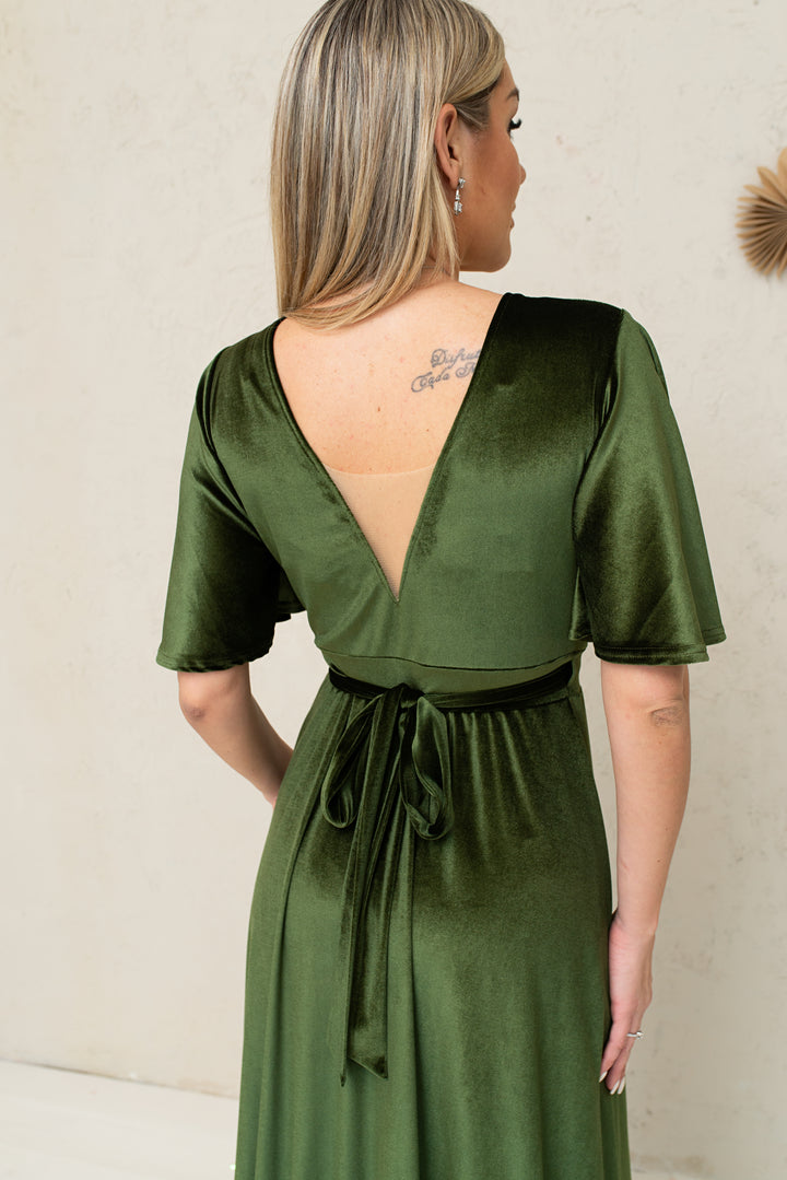 Velvet Maxi Wrap Dress with Deep V-Neck and Sheer Back Detail - Balvory