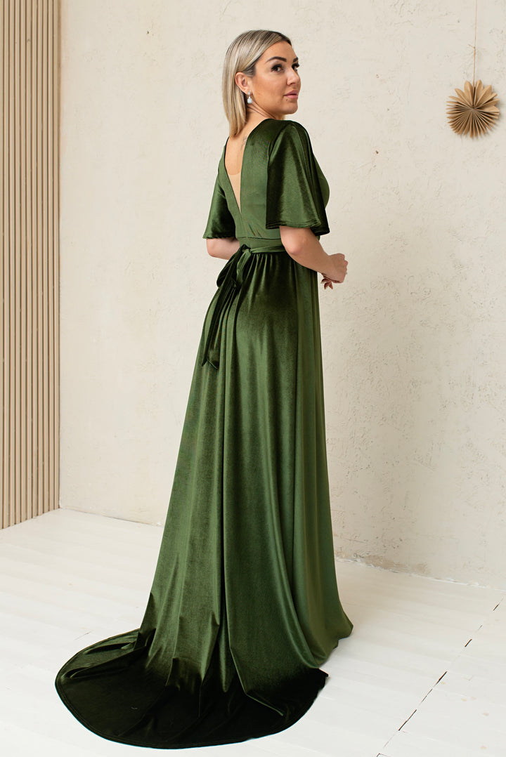 Velvet Maxi Wrap Dress with Deep V-Neck and Sheer Back Detail - Balvory