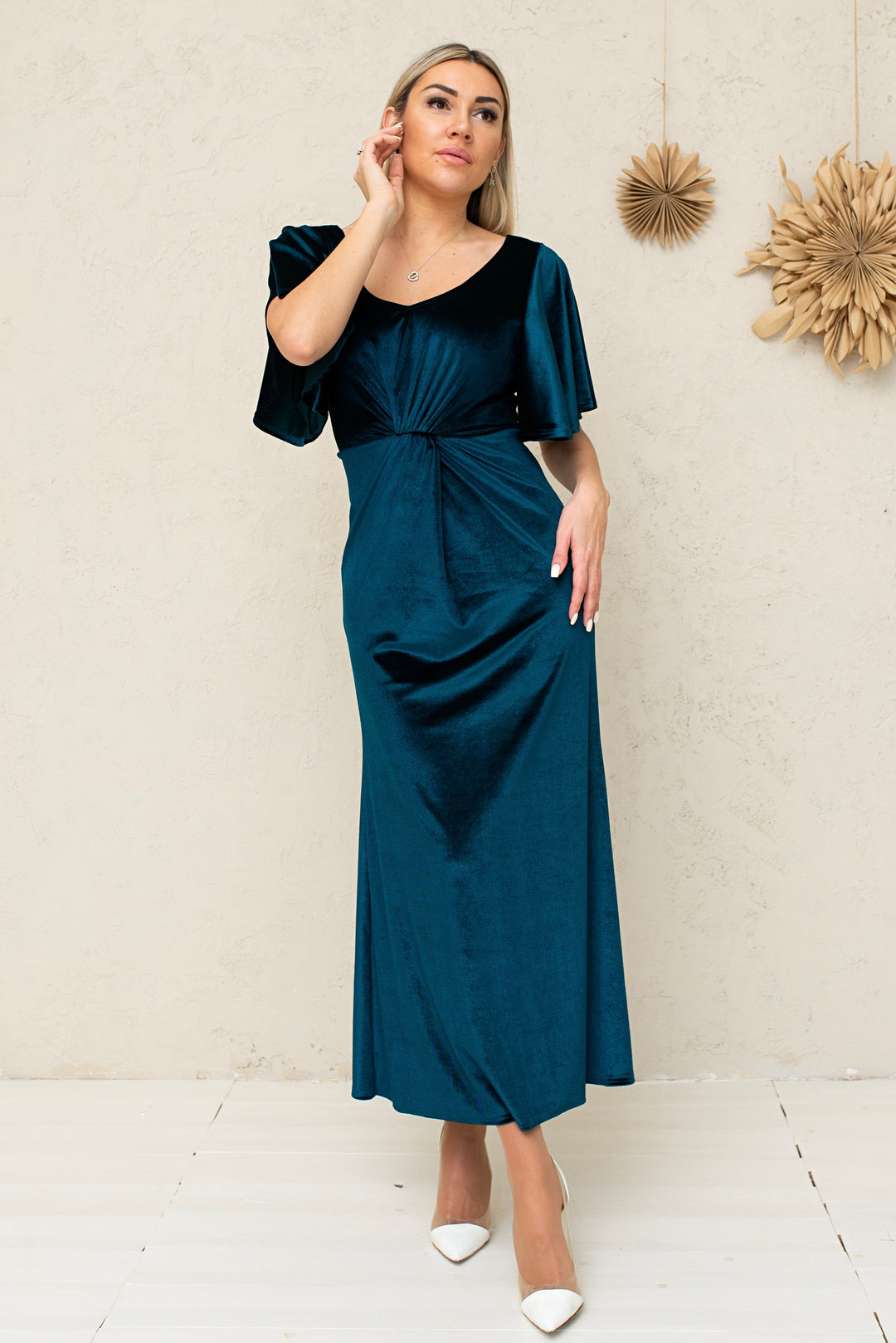 Velvet Knot-Front Flutter-Sleeve Midi Dress - Balvory