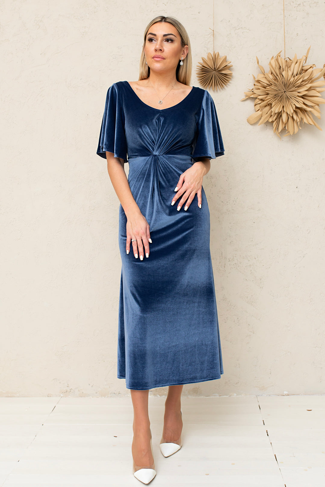 Velvet Knot-Front Flutter-Sleeve Midi Dress - Balvory