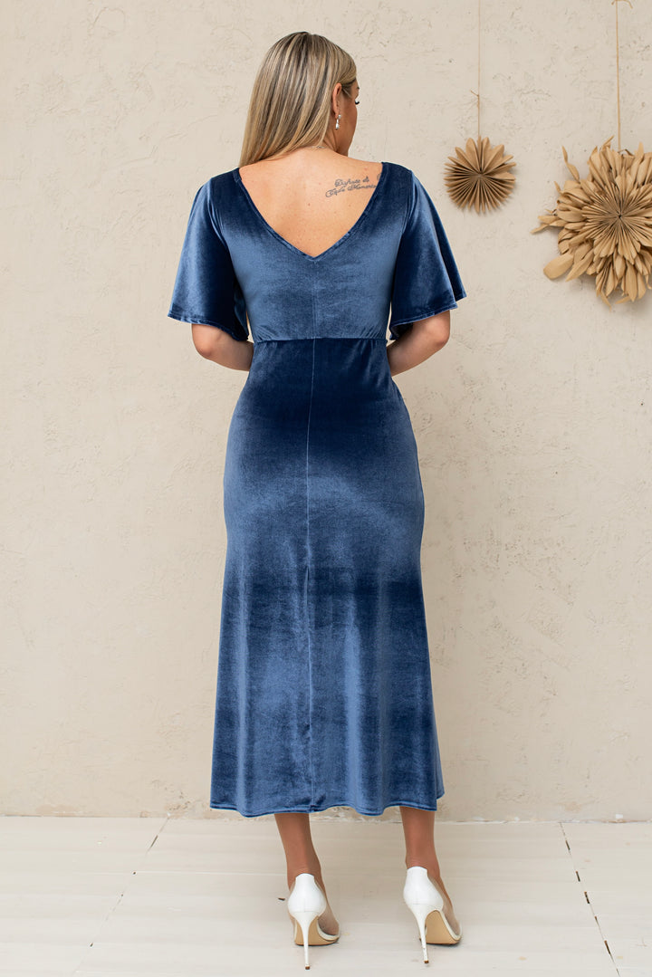 Velvet Knot-Front Flutter-Sleeve Midi Dress - Balvory