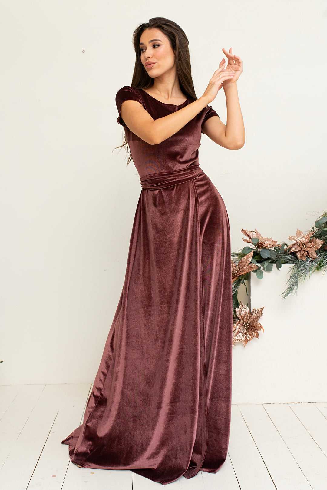 Velvet Cup Sleeve Gown – Elegant Maxi Dress for Special Occasions - Balvory