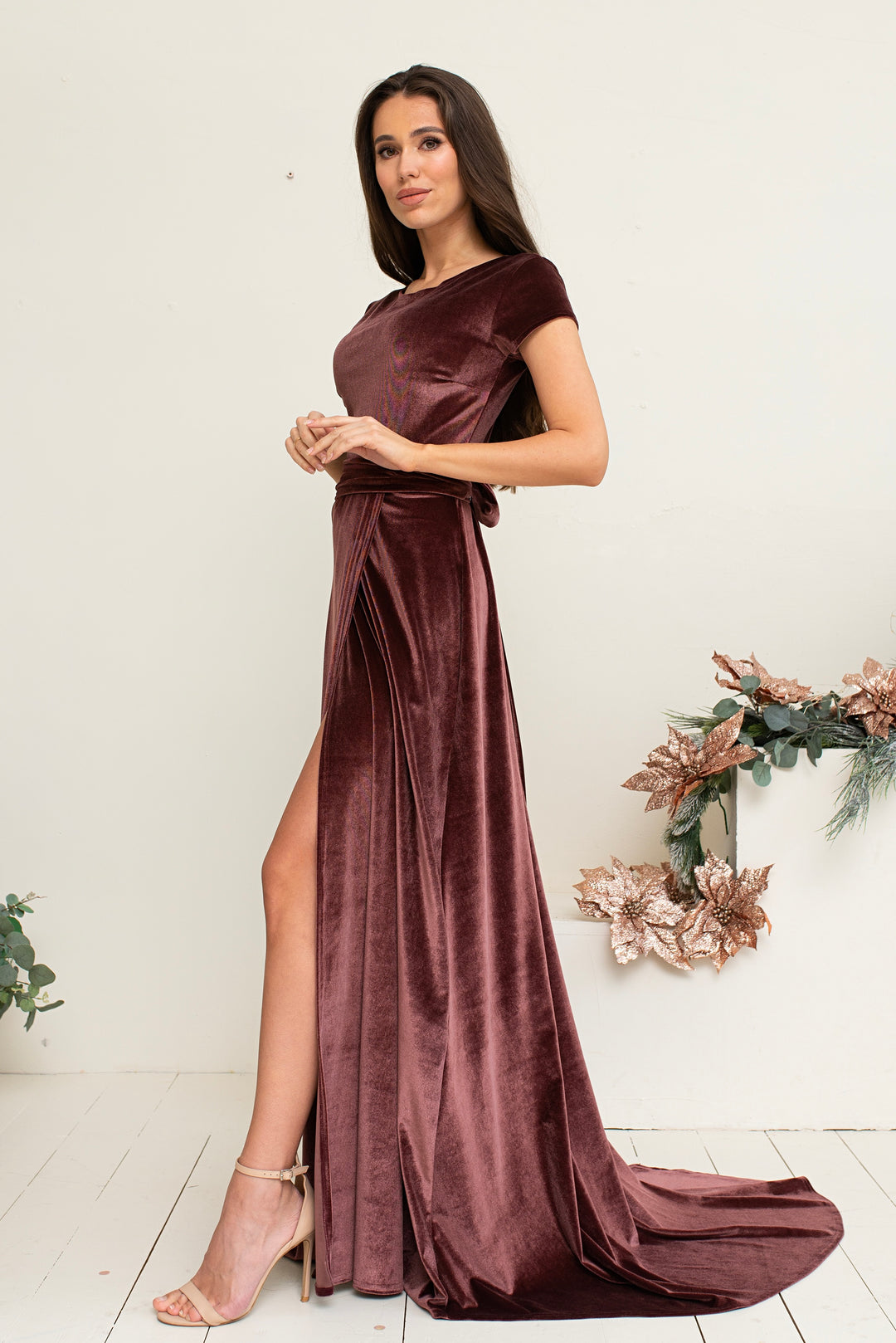 Velvet Cup Sleeve Gown – Elegant Maxi Dress for Special Occasions - Balvory
