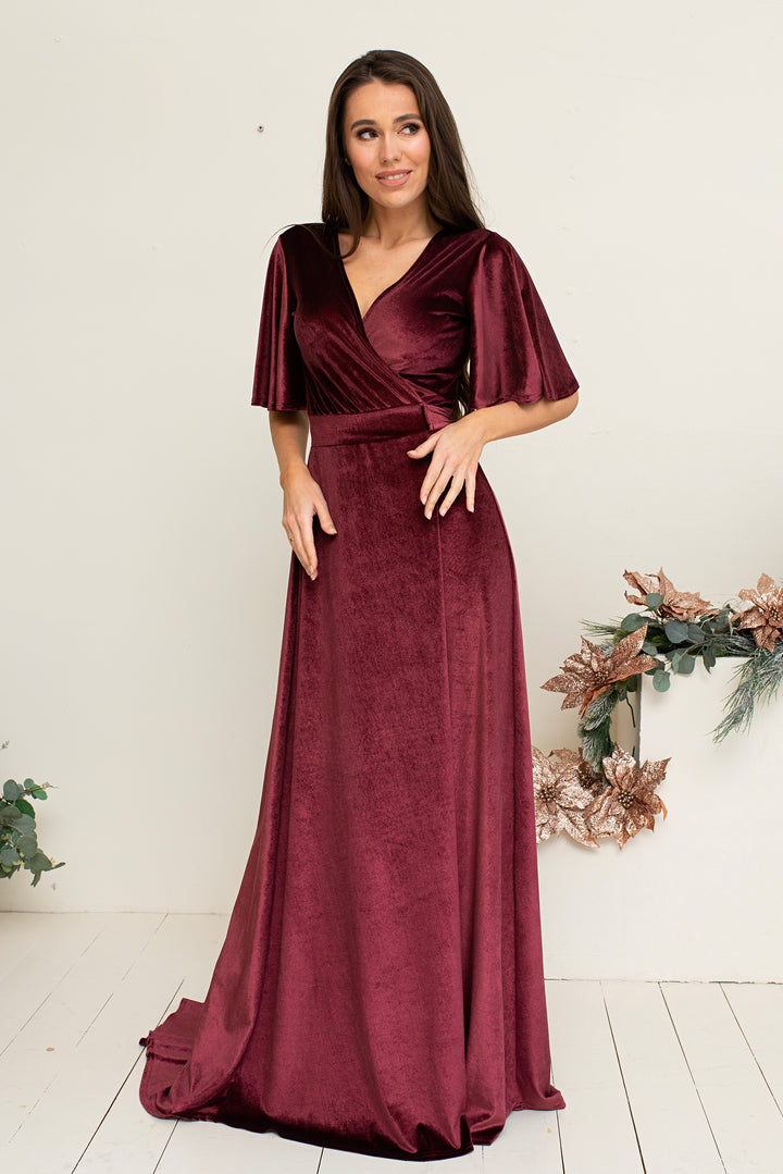 Velvet Maxi Wrap Dress with Deep V-Neck and Sheer Back Detail - Balvory