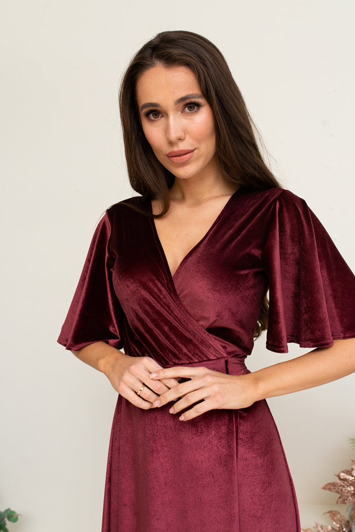Velvet Maxi Wrap Dress with Deep V-Neck and Sheer Back Detail - Balvory