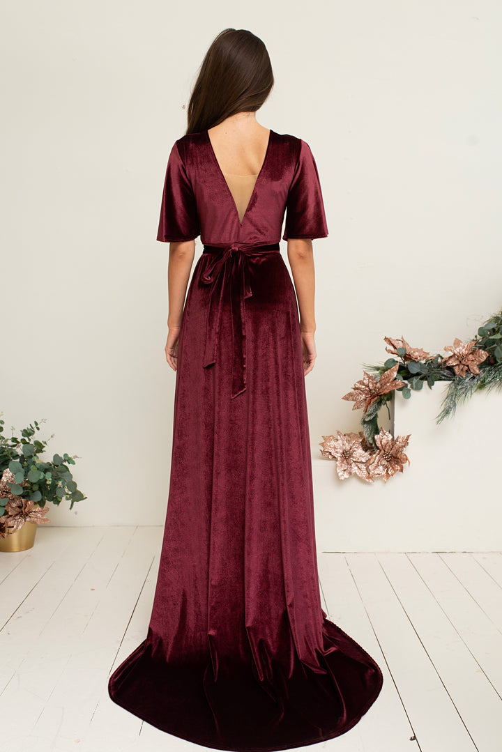 Velvet Maxi Wrap Dress with Deep V-Neck and Sheer Back Detail - Balvory