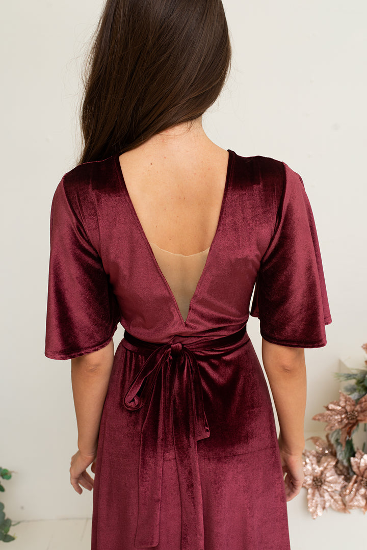 Velvet Maxi Wrap Dress with Deep V-Neck and Sheer Back Detail - Balvory