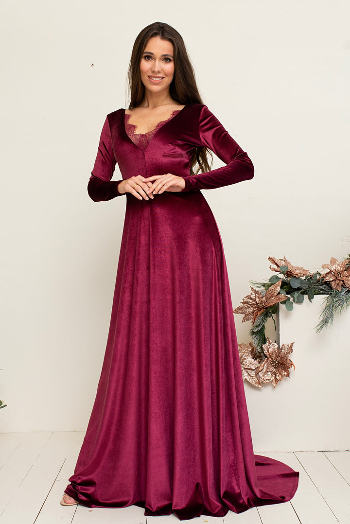 Romantic Velvet Gown with Double Lace Detailing – Long Sleeve Evening Elegance - Balvory