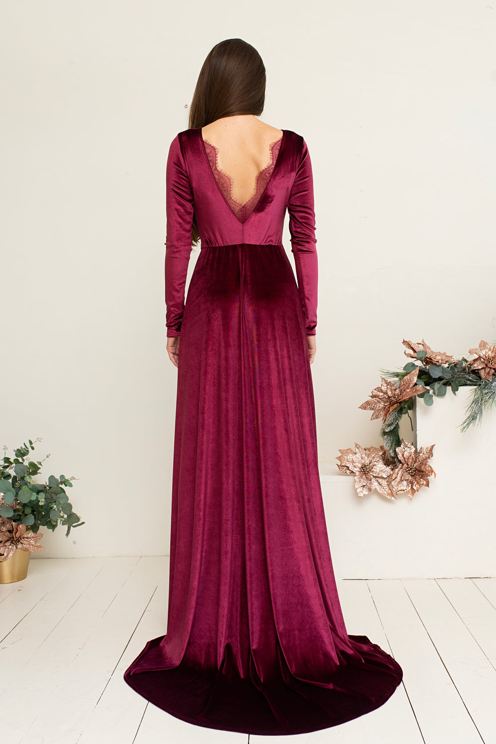 Romantic Velvet Gown with Double Lace Detailing – Long Sleeve Evening Elegance - Balvory