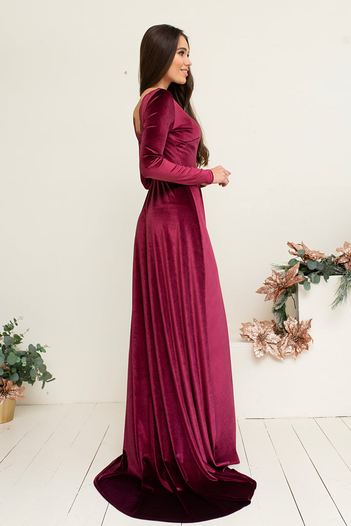 Romantic Velvet Gown with Double Lace Detailing – Long Sleeve Evening Elegance - Balvory