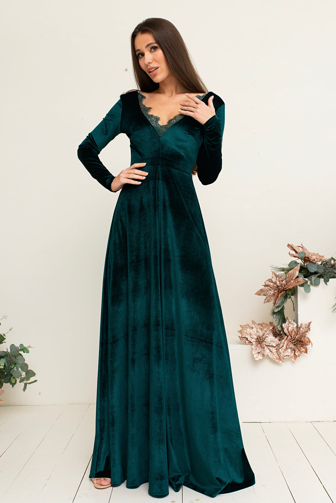 Romantic Velvet Gown with Double Lace Detailing – Long Sleeve Evening Elegance - Balvory
