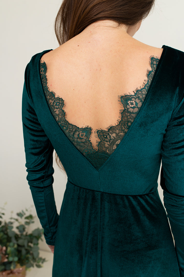 Romantic Velvet Gown with Double Lace Detailing – Long Sleeve Evening Elegance - Balvory
