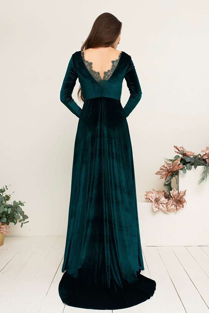 Romantic Velvet Gown with Double Lace Detailing – Long Sleeve Evening Elegance - Balvory