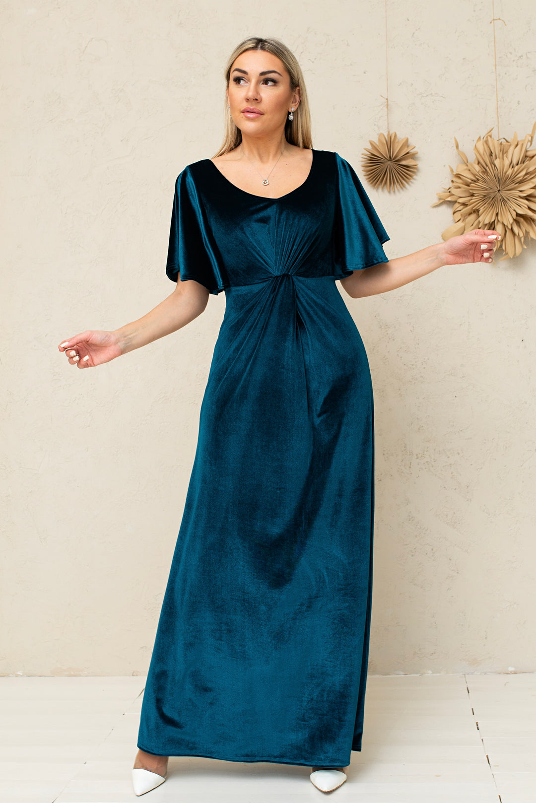 Velvet Draped Flutter Sleeve Maxi Dress - Balvory