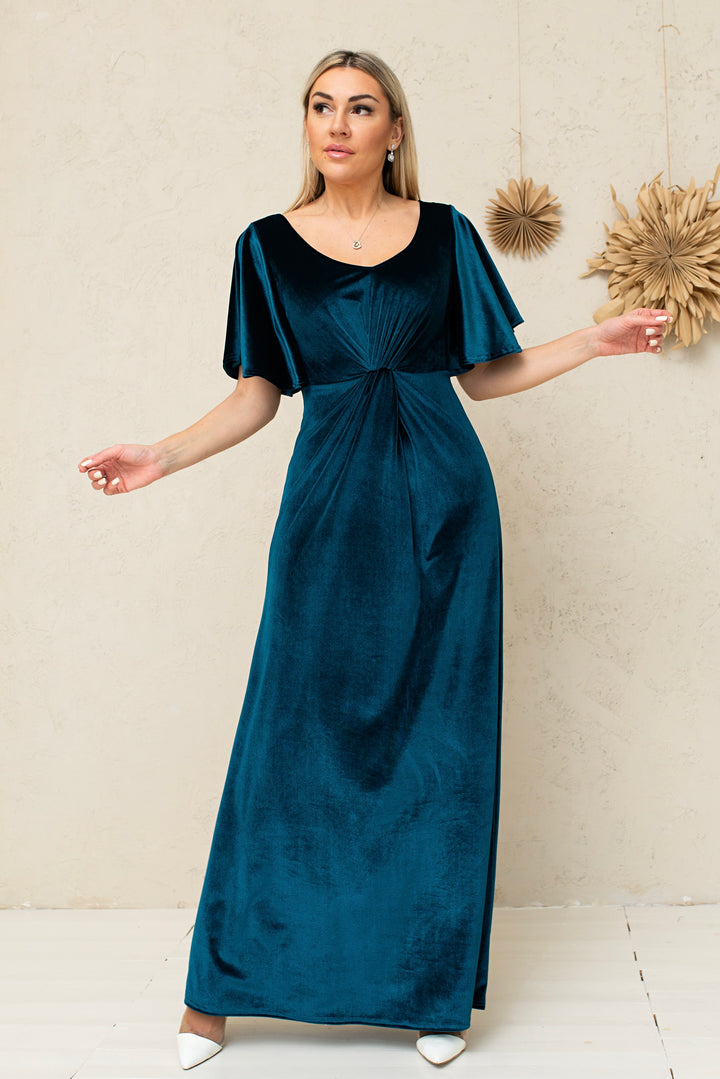 Velvet Draped Flutter Sleeve Maxi Dress - Balvory