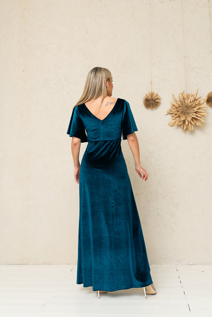 Velvet Draped Flutter Sleeve Maxi Dress - Balvory