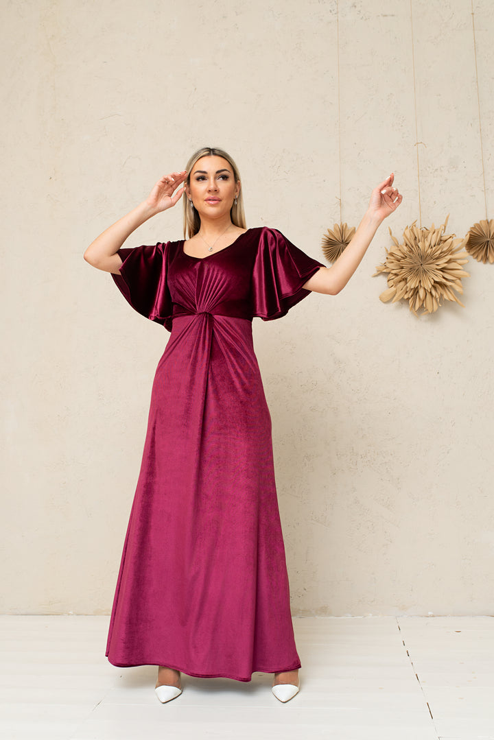 Velvet Draped Flutter Sleeve Maxi Dress - Balvory