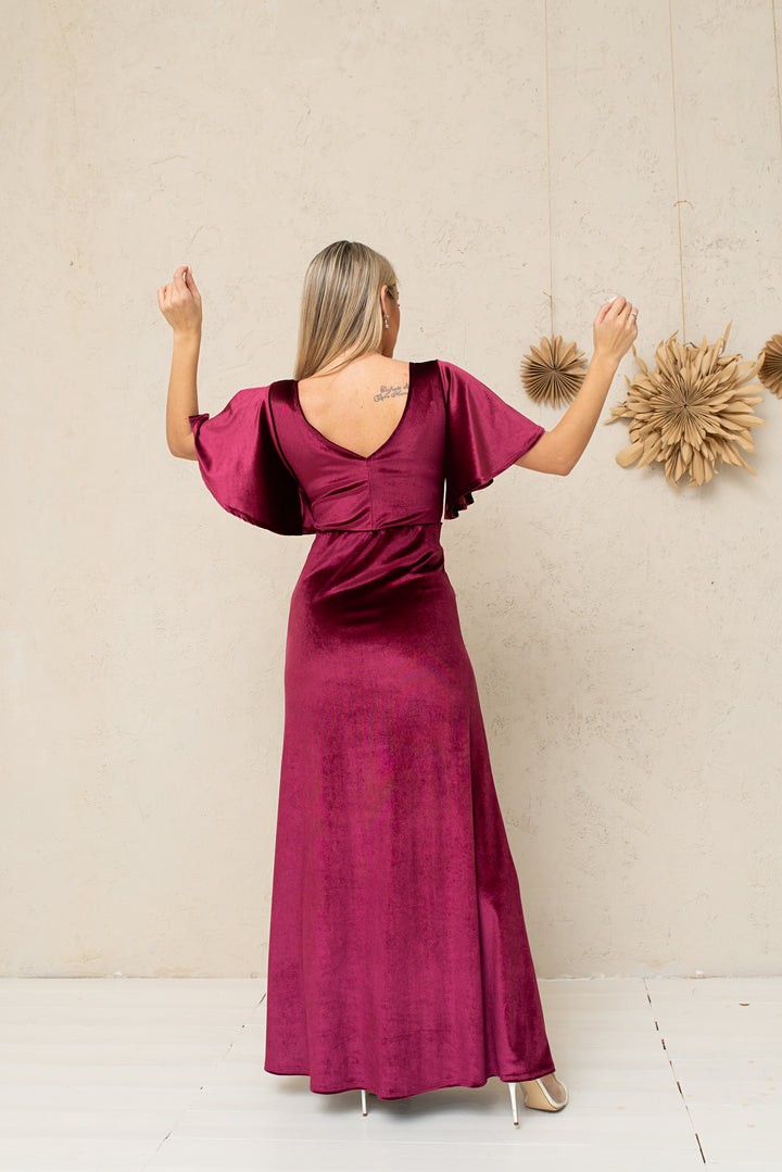 Velvet Draped Flutter Sleeve Maxi Dress - Balvory