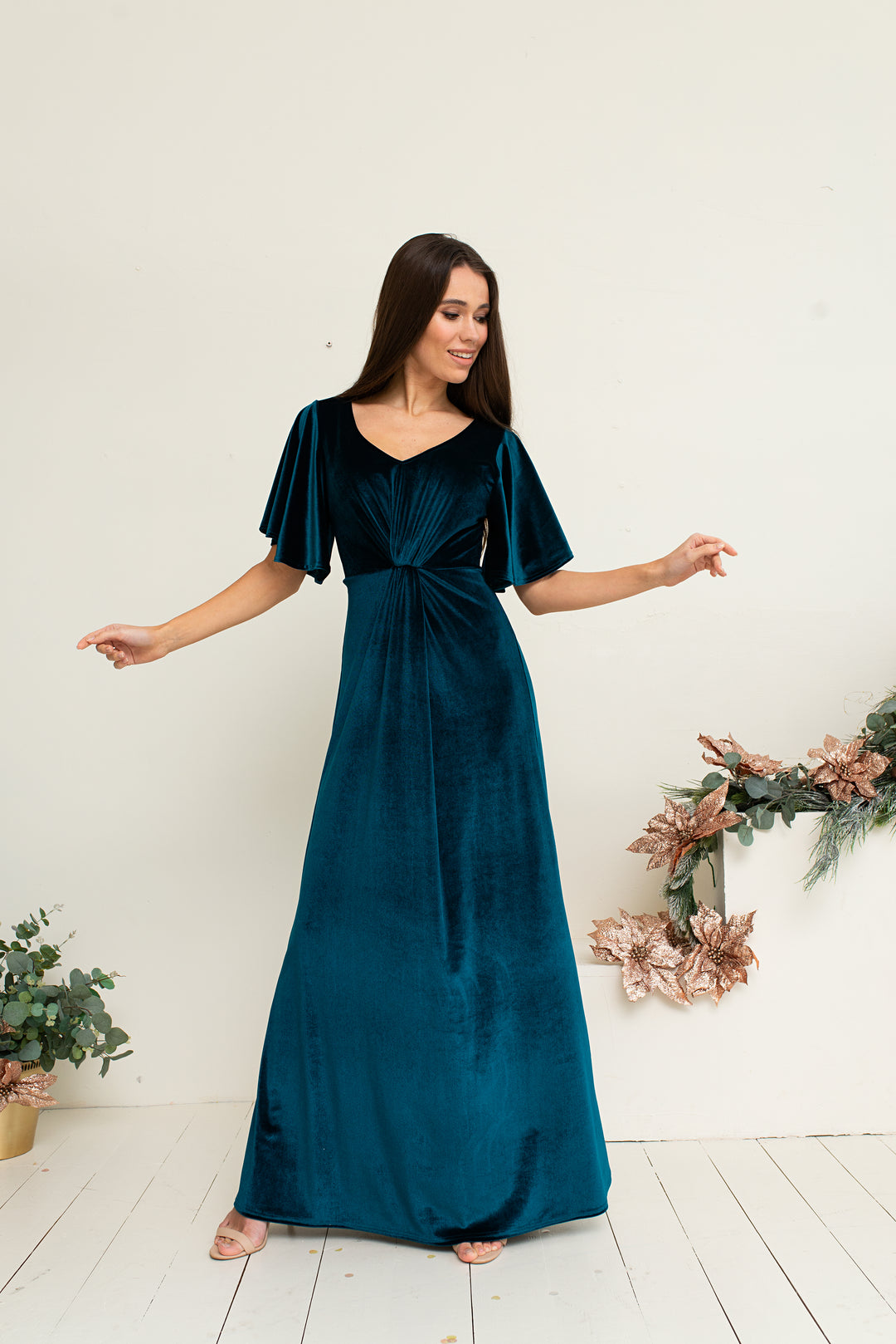 Velvet Draped Flutter Sleeve Maxi Dress - Balvory