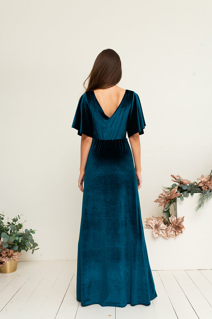 Velvet Draped Flutter Sleeve Maxi Dress - Balvory