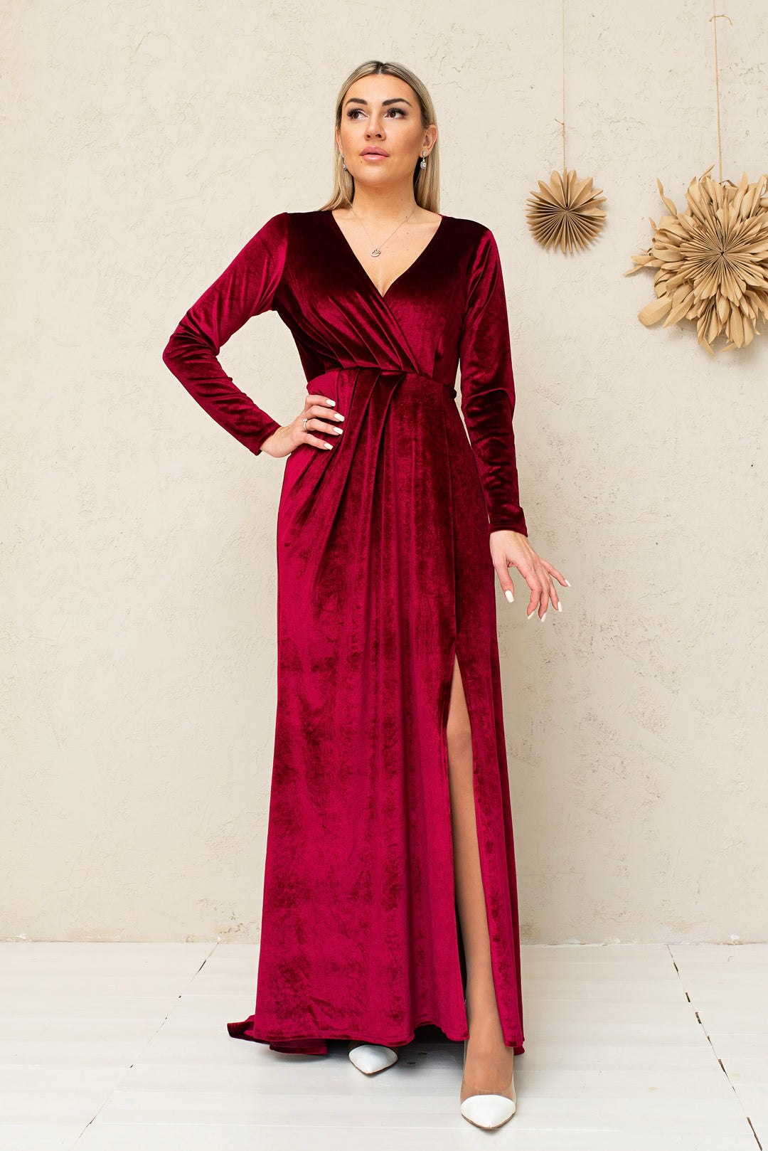 Velvet Long Sleeve Maxi Dress with Front Knot and High Slit - Balvory