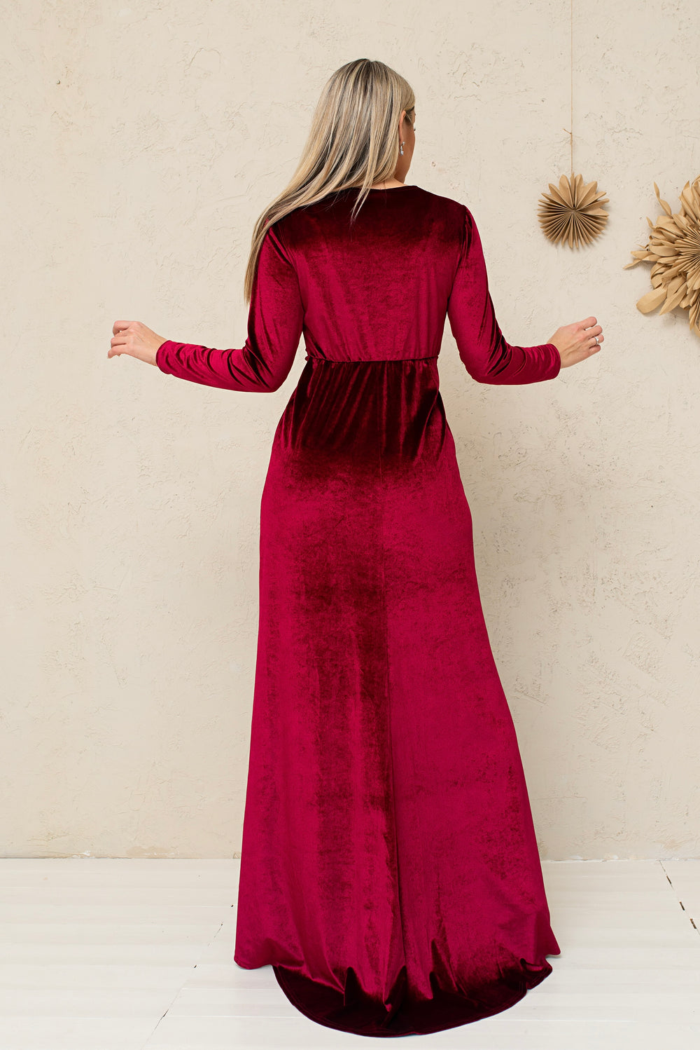 Velvet Long Sleeve Maxi Dress with Front Knot and High Slit - Balvory