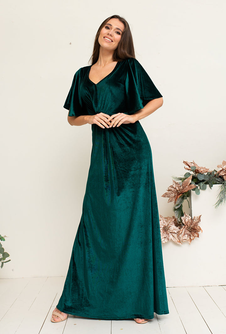 Velvet Draped Flutter Sleeve Maxi Dress - Balvory
