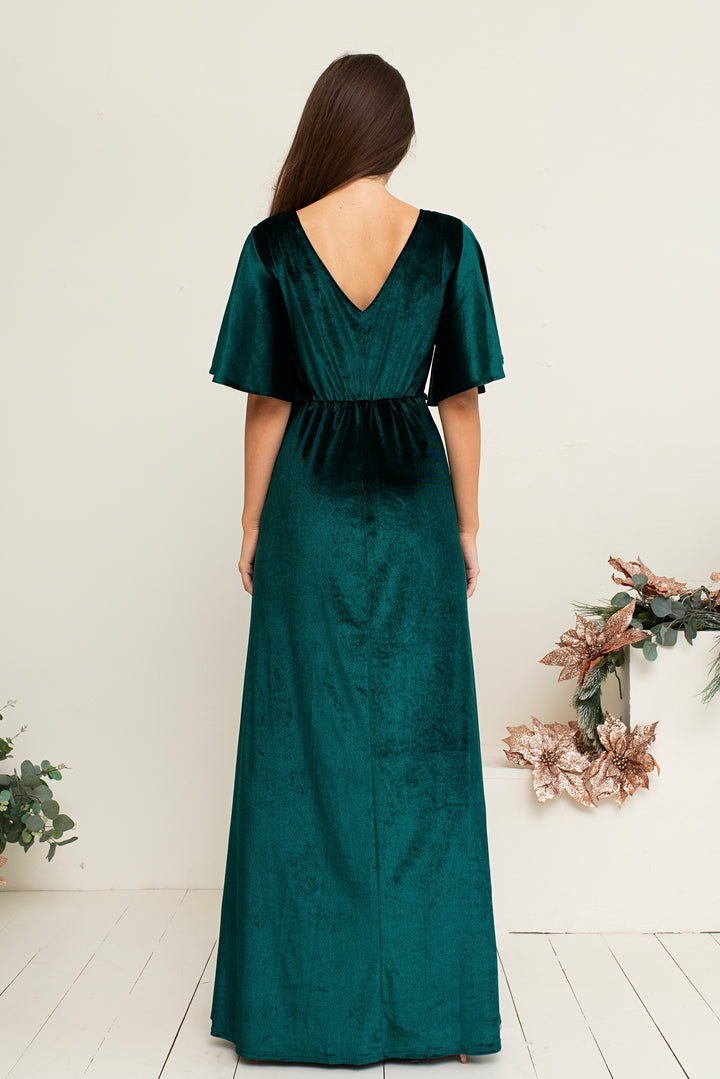 Velvet Draped Flutter Sleeve Maxi Dress - Balvory