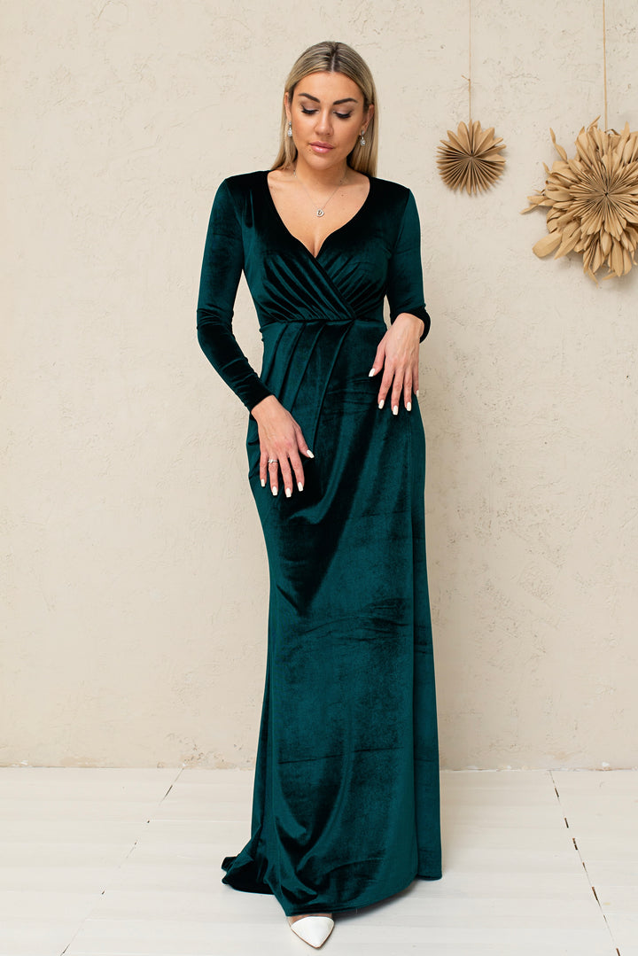 Velvet Long Sleeve Maxi Dress with Front Knot and High Slit - Balvory