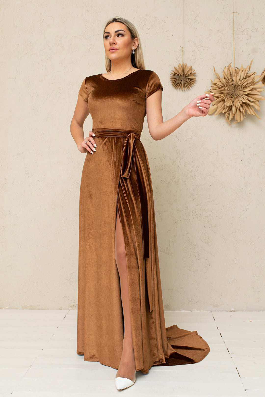 Velvet Cup Sleeve Gown – Elegant Maxi Dress for Special Occasions - Balvory